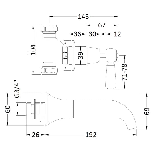White Topaz With Lever Handle Wall Mounted Bath Spout & Stop Taps