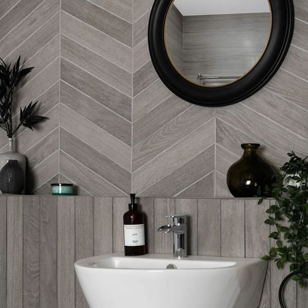 Ancona Chevron Grey Wood Effect Tile - 400x80 - Individual Tile