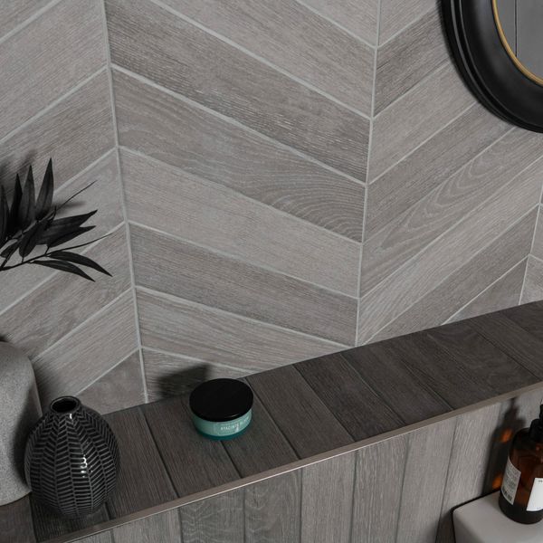 Ancona Chevron Grey Wood Effect Tile - 400x80 - Individual Tile