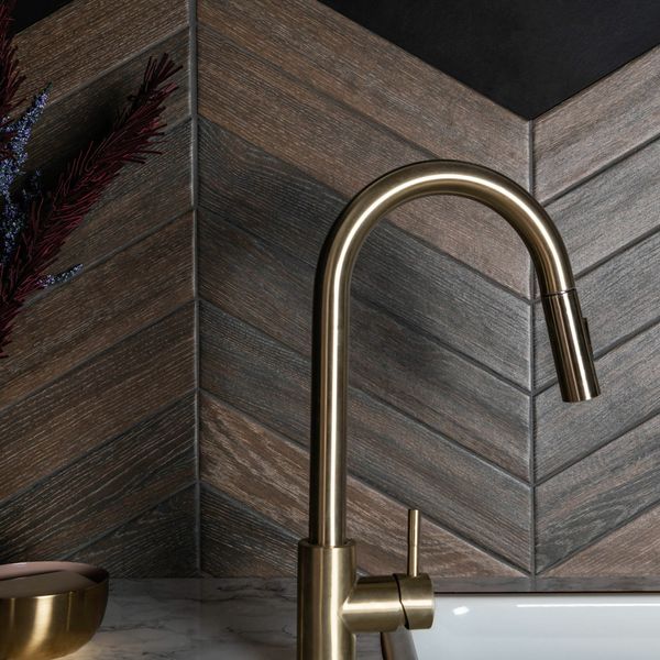 Sample - Ancona Chevron Chocolate Wood Effect Tile - 400x80 - Sample Tile