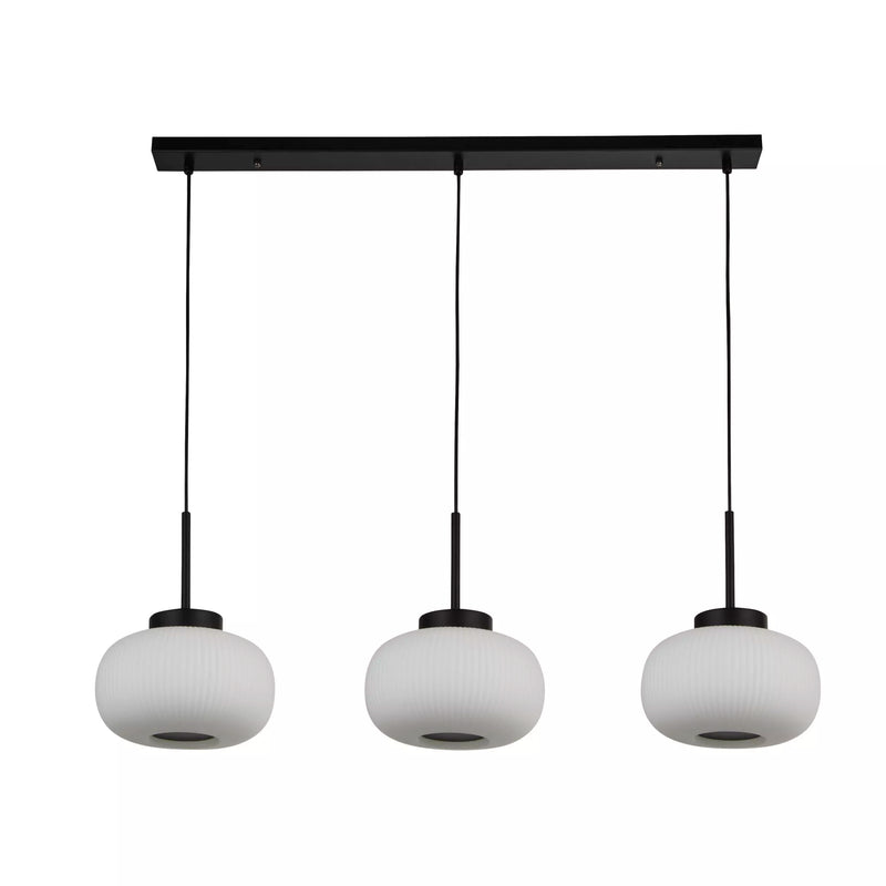 Lumina 3Lt Bar Pendant - Black Metal & Opal Ribbed Glass