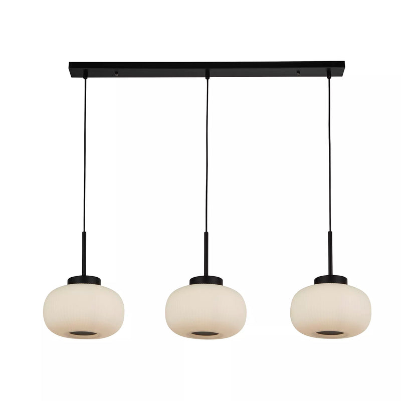 Lumina 3Lt Bar Pendant - Black Metal & Opal Ribbed Glass