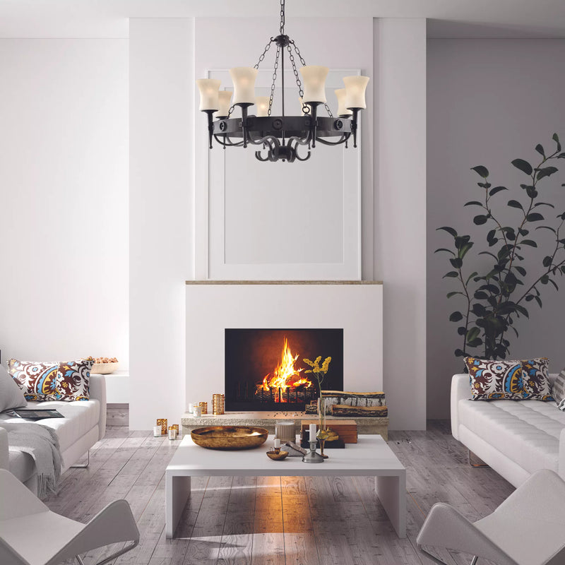 Cartwheel 8Lt Pendant - Black Metal & Sanded Glass