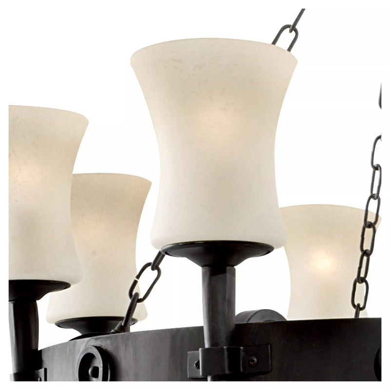 Cartwheel 8Lt Pendant - Black Metal & Sanded Glass