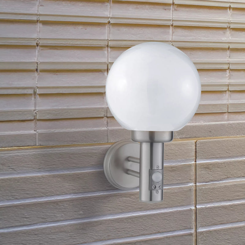 Orb Outdoor Wall Light- Stainless Steel, White Shade