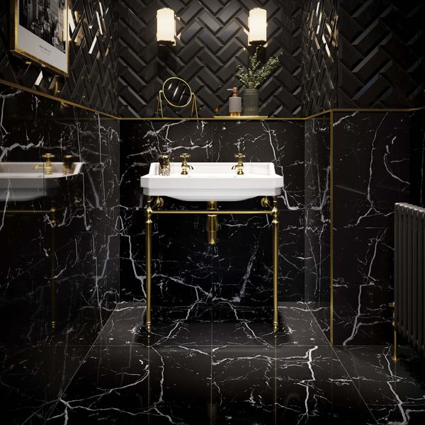 Sample - Genova Black Polished Marble Effect - 600x600 - Sample Tile