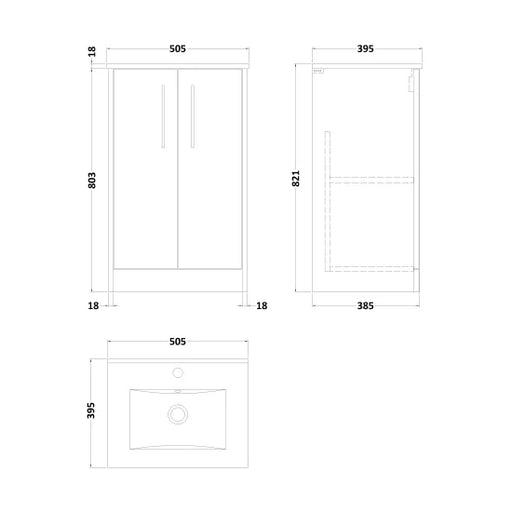 Juno 500mm Floor Standing 2-Door Vanity & Minimalist 1 Tap Hole Basin measurements