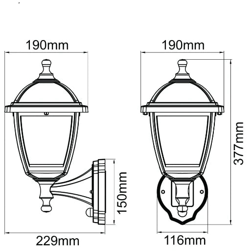 Lantern LED 4 Sided PIR 3000K 8W Black