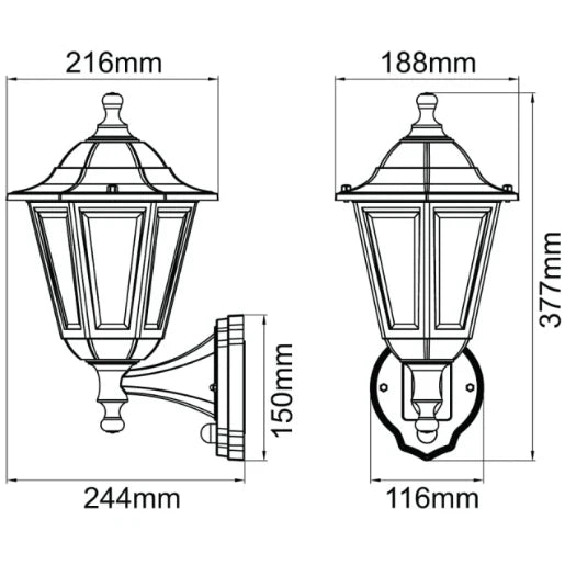 Wall Light Lantern 6Side 46W IP44 E27 NO Lamp PIR Black