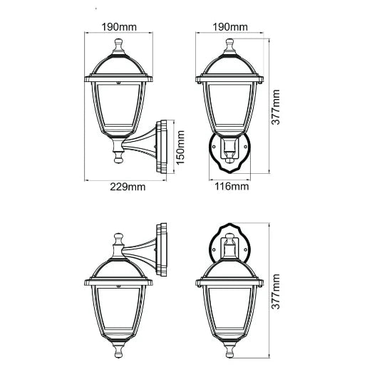 Bastia E27 PIR 4-Sided Up/Down Wall Lantern - 46W IP44 E27 Black (no lamp)