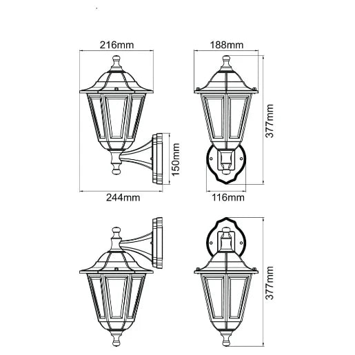 Bastia E27 6-Sided Up/Down Wall Lantern - 46W IP44 E27 Black (no lamp)
