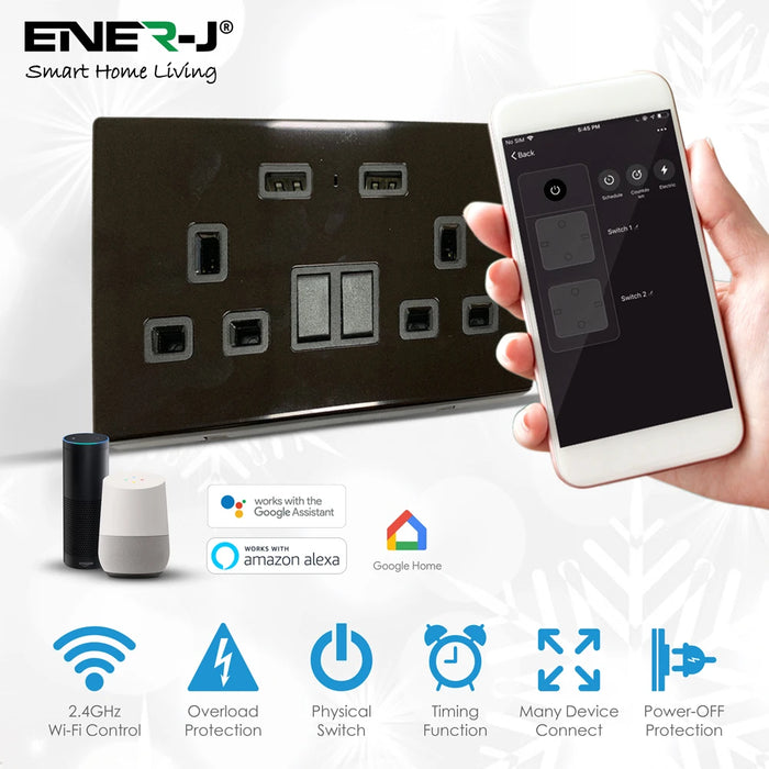 Black Wi-Fi Twin Wall Socket + 2 Usb Ports