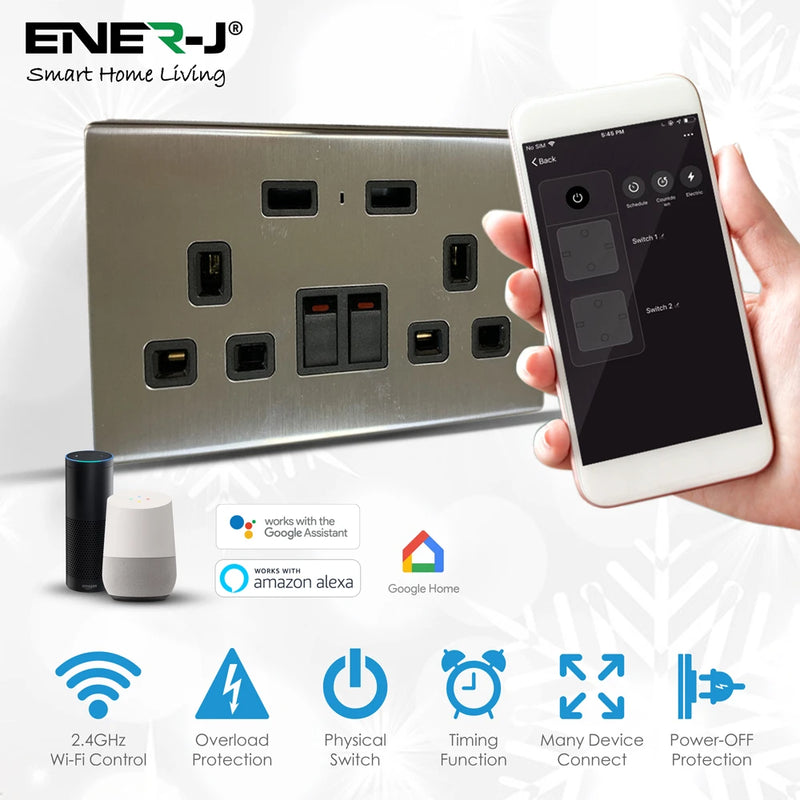 13A Smart WiFi Twin Wall Sockets With 2 USB Ports Silver