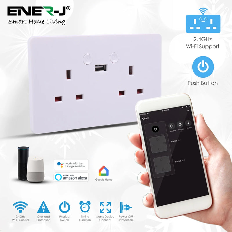 13A White Smart WiFi Double Socket With USB