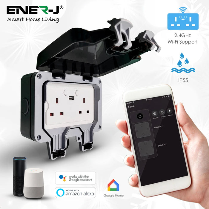 13A Smart WiFi Weatherproof Double Socket With USB
