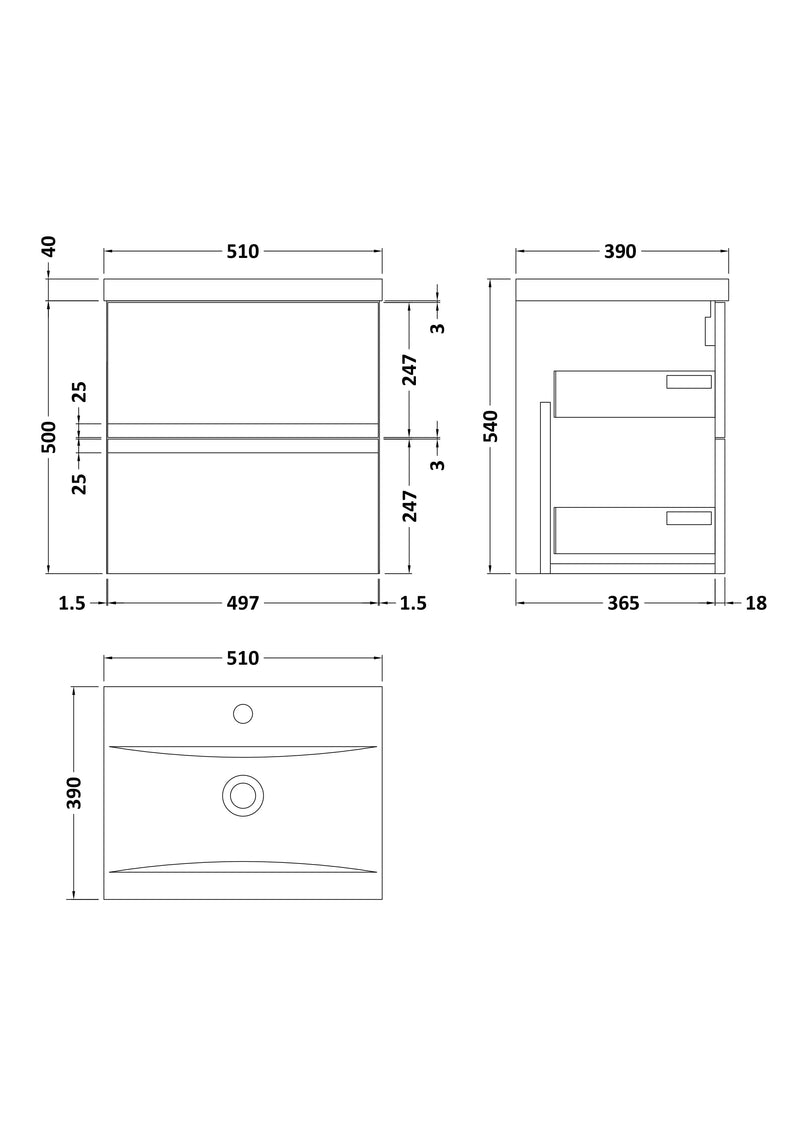 Urban Wall Hung 2 Drawer Vanity & Mid-Edge Ceramic Basin, 500mm