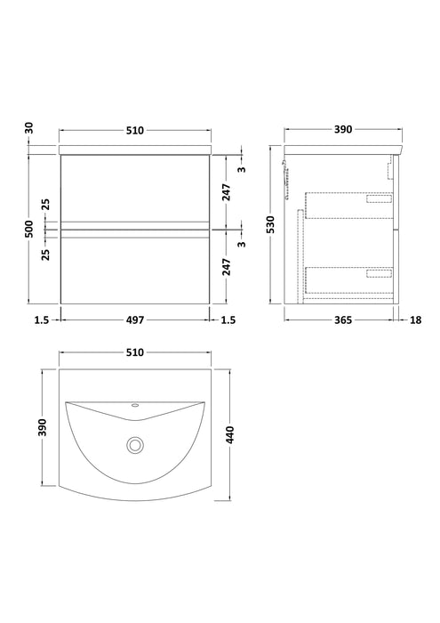 Urban Wall Hung 2 Drawer Vanity & Curved Ceramic Basin, 500mm