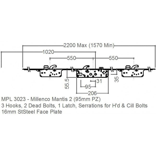 Millenco Mantis 2 Lock 3 Hook 2 Deadbolt 35mm Backset Multi Point Door Lock - Dual Spindle