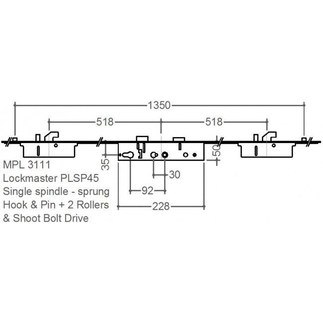 Lockmaster PLSP45 2 Hook 2 Pin 2 Roller 35mm Backset Multi Point Door Lock - Single Spindle